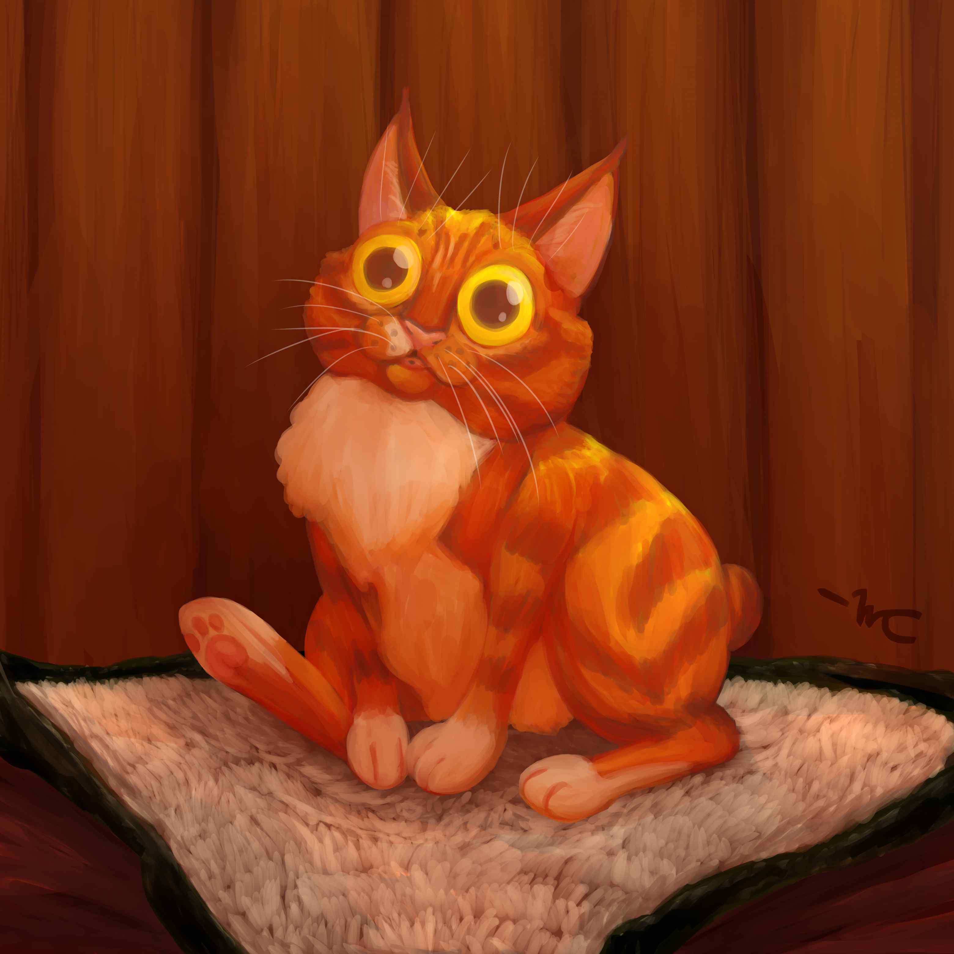 A rough digital painting of an orange bobtail cat sitting on a small fluffy blanket.